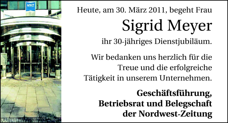 Anzeige für Sigrid Meyer vom 30.03.2011 aus Nordwest-Zeitung