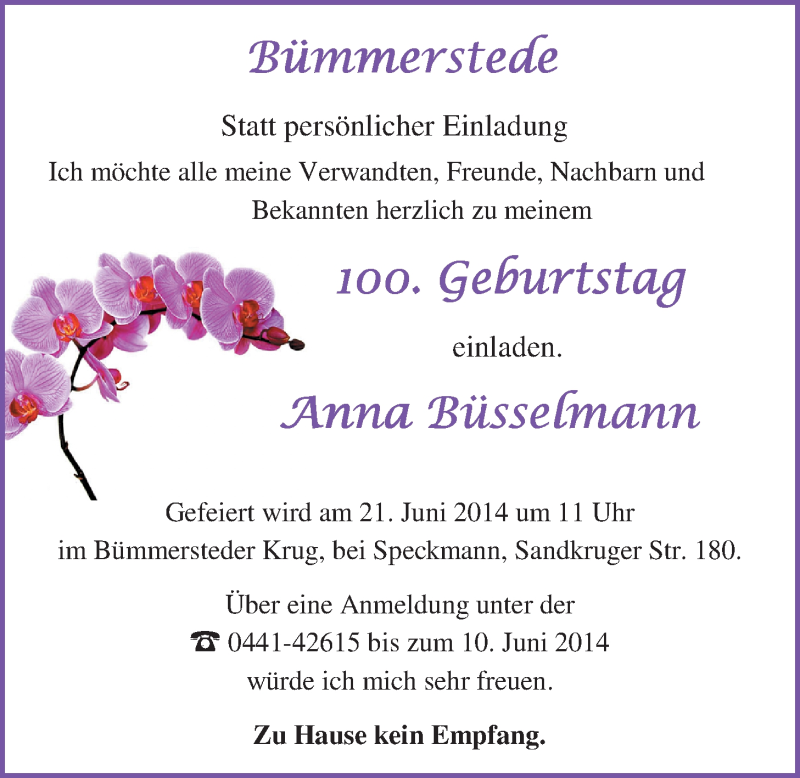 Anzeige für Anna Büsselmann vom 31.05.2014 aus Nordwest-Zeitung