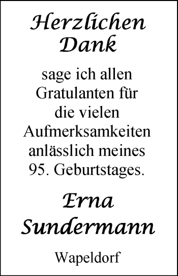 Glückwunschanzeige von Erna Sundermann von Nordwest-Zeitung