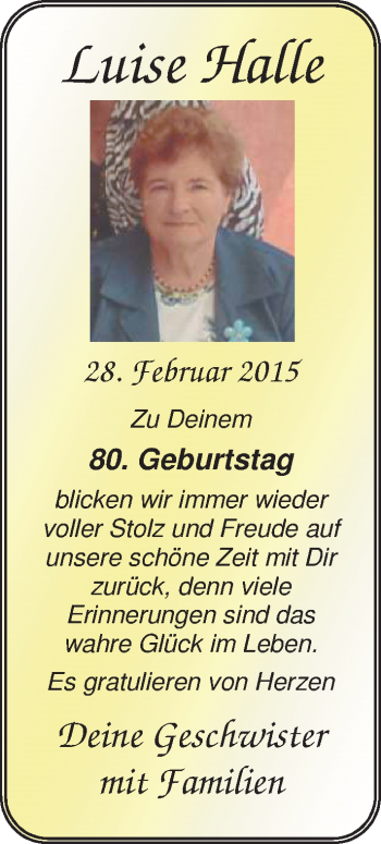 Glückwunschanzeige von Luise Halle von Nordwest-Zeitung