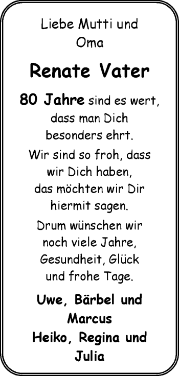 Glückwunschanzeige von Regina Vater von Nordwest-Zeitung