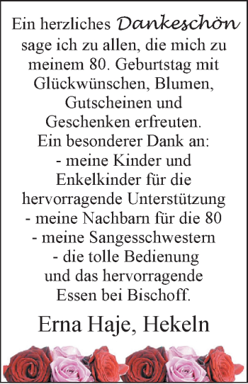 Glückwunschanzeige von Erna Haje von Nordwest-Zeitung