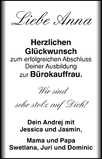 Glückwunschanzeige von Anna Bürokauffrau  von Nordwest-Zeitung