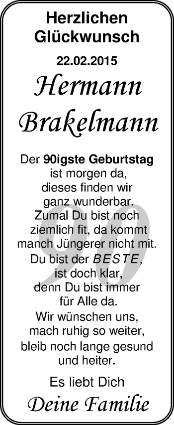 Glückwunschanzeige von Hermann Brakelmann von Nordwest-Zeitung