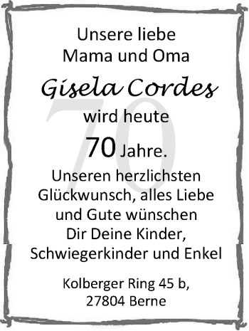 Glückwunschanzeige von Gisela Cordes von Nordwest-Zeitung