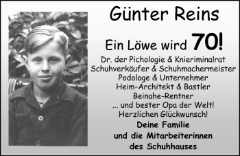 Glückwunschanzeige von Günter Reins von Nordwest-Zeitung