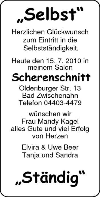 Glückwunschanzeige von Mandy Kagel von Nordwest-Zeitung