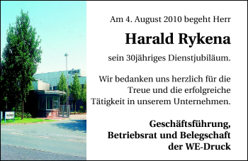 Glückwunschanzeige von Harald Rykena von Nordwest-Zeitung