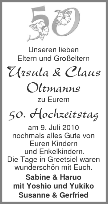 Glückwunschanzeige von Ursula und Claus Oltmanns von Nordwest-Zeitung