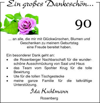 Glückwunschanzeige von Ida Kuhlmann von Nordwest-Zeitung