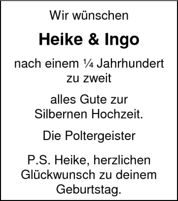 Glückwunschanzeige von Heike Ingo von Nordwest-Zeitung