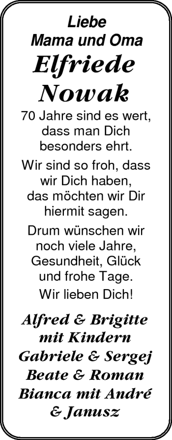 Glückwunschanzeige von Elfriede Nowak von Nordwest-Zeitung