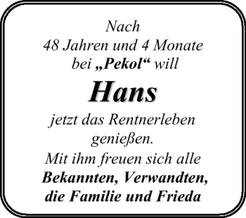 Glückwunschanzeige von Hans  von Nordwest-Zeitung