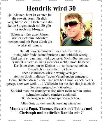 Glückwunschanzeige von Hendrik  von Nordwest-Zeitung