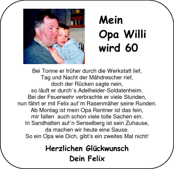 Glückwunschanzeige von Willi  von Nordwest-Zeitung