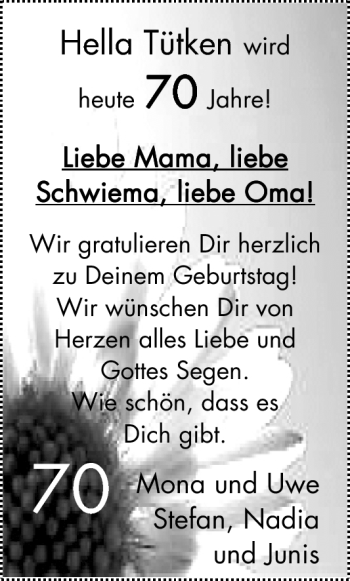 Glückwunschanzeige von Hella Tütken von Nordwest-Zeitung