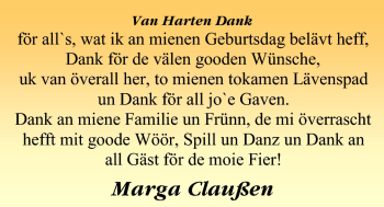 Glückwunschanzeige von Marga Claußen von Nordwest-Zeitung