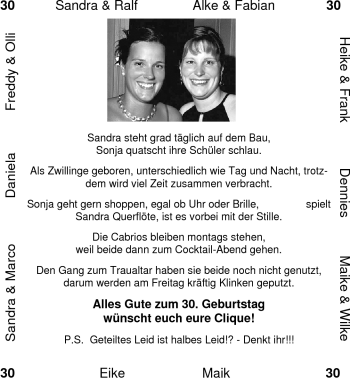 Glückwunschanzeige von Sandra und Sonja  von Nordwest-Zeitung