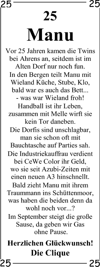 Glückwunschanzeige von Manu Ahrens von Nordwest-Zeitung