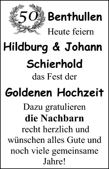 Glückwunschanzeige von Hildburg und Johann Schierhold von Nordwest-Zeitung