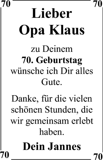 Glückwunschanzeige von Klaus  von Nordwest-Zeitung