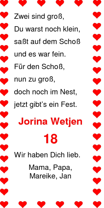 Glückwunschanzeige von Jorina  von Nordwest-Zeitung