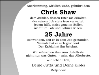 Glückwunschanzeige von Chris Shaw von Nordwest-Zeitung