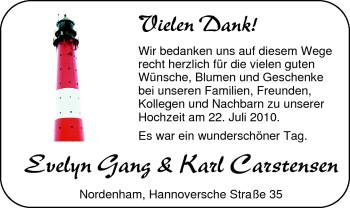 Glückwunschanzeige von Karl und Evelyn Carstensen und Gang von Nordwest-Zeitung
