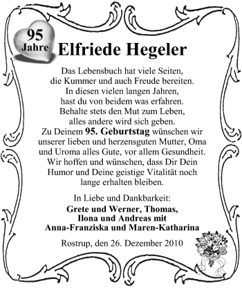 Glückwunschanzeige von Elfriede Hegeler von Nordwest-Zeitung
