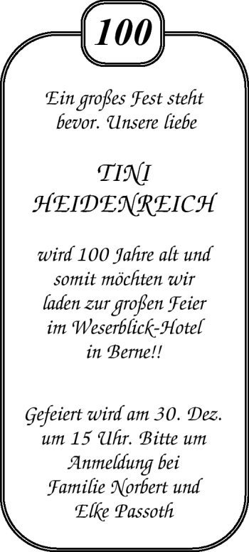 Glückwunschanzeige von Tini Heidenreich von Nordwest-Zeitung