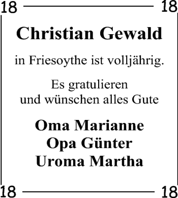 Glückwunschanzeige von Christian Gewald von Nordwest-Zeitung