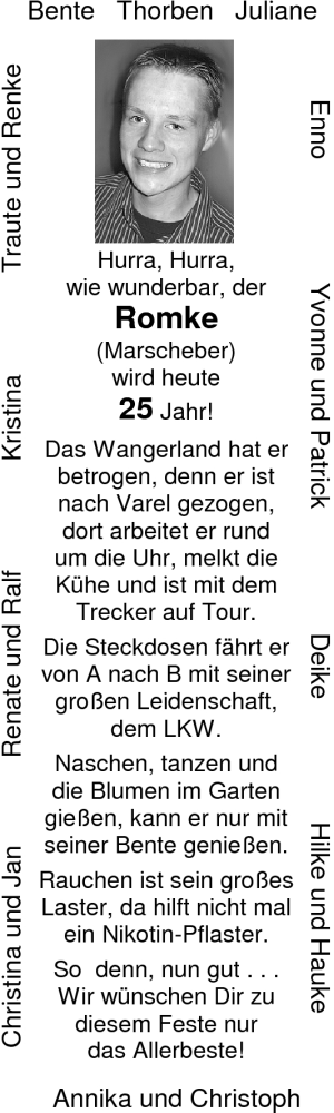Glückwunschanzeige von Romke Marscheber von Nordwest-Zeitung