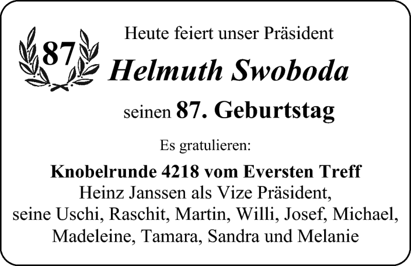 Anzeige für Helmuth Swoboda vom 03.01.2011 aus Nordwest-Zeitung