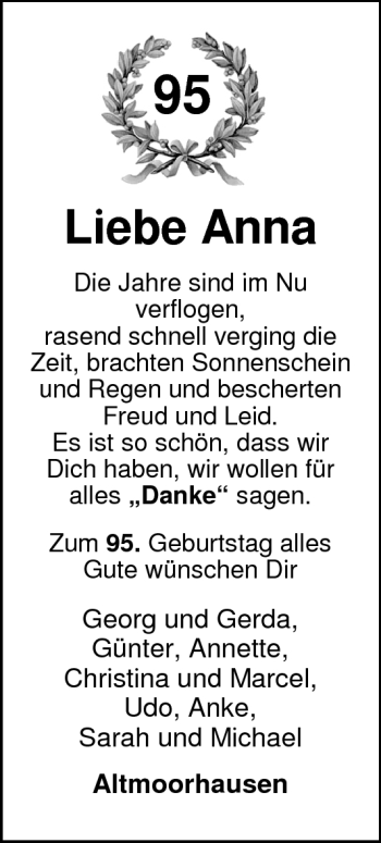 Glückwunschanzeige von Anna  von Nordwest-Zeitung