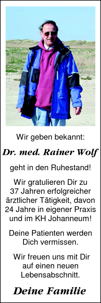 Glückwunschanzeige von Rainer Wolf von Nordwest-Zeitung