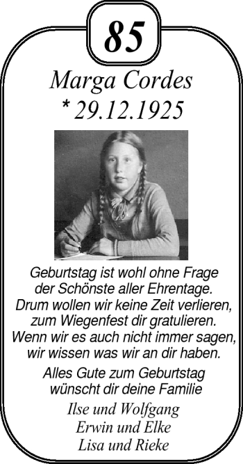 Glückwunschanzeige von Marga Cordes von Nordwest-Zeitung