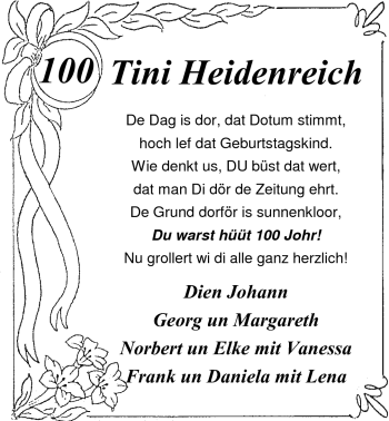 Glückwunschanzeige von Tini Heidenreich von Nordwest-Zeitung