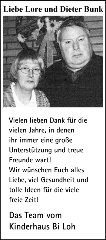 Glückwunschanzeige von Lore und Dieter Bunk von Nordwest-Zeitung