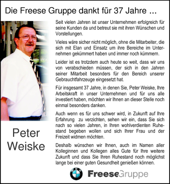 Glückwunschanzeige von Peter Weiske von Nordwest-Zeitung