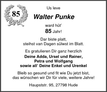 Glückwunschanzeige von Walter Punke von Nordwest-Zeitung