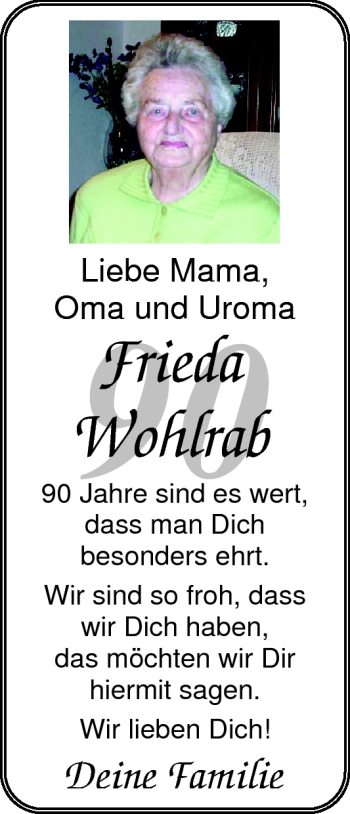 Glückwunschanzeige von Frieda Wohlrab von Nordwest-Zeitung