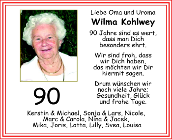 Glückwunschanzeige von Wilma Kohlwey von Nordwest-Zeitung
