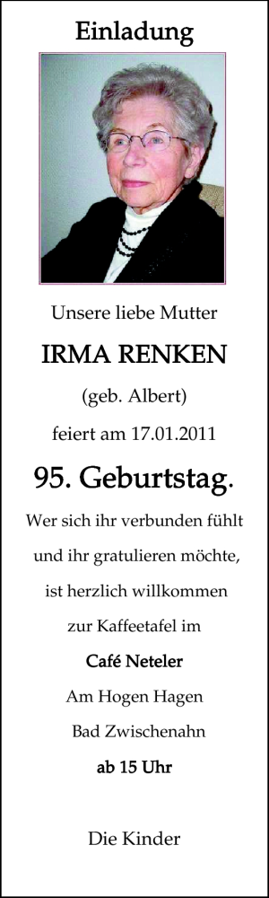 Glückwunschanzeige von Irma Renken von Nordwest-Zeitung