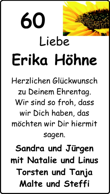 Glückwunschanzeige von Erika Höhne von Nordwest-Zeitung