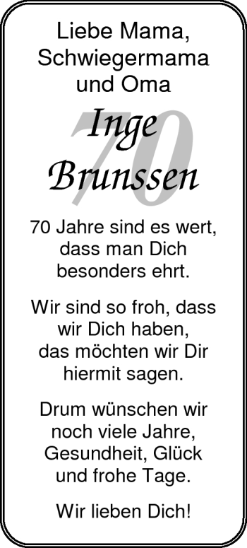 Glückwunschanzeige von Inge Brunssen von Nordwest-Zeitung