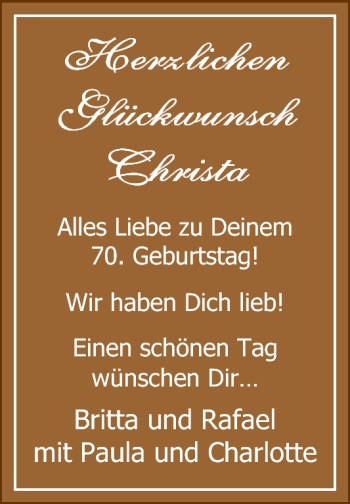 Glückwunschanzeige von Christa  von Nordwest-Zeitung
