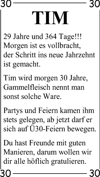 Glückwunschanzeige von Tim  von Nordwest-Zeitung