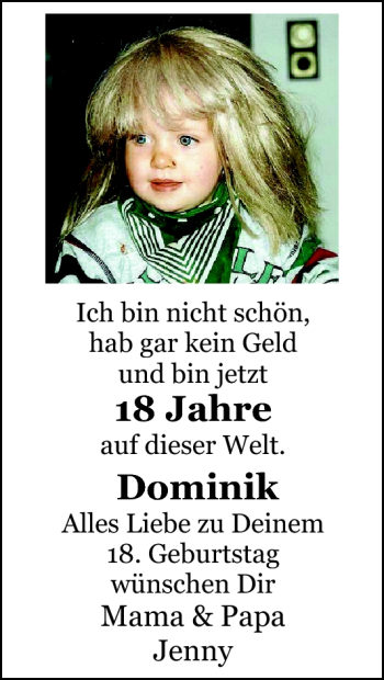 Glückwunschanzeige von Dominik  von Nordwest-Zeitung