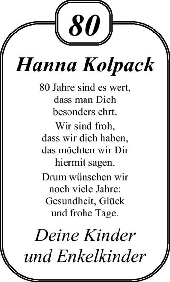 Glückwunschanzeige von Hanna Kolpack von Nordwest-Zeitung