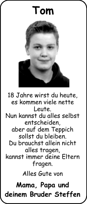 Glückwunschanzeige von Tom  von Nordwest-Zeitung